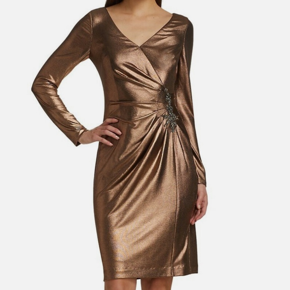 ✨🌙 Marchesa Notte Bronze-Gold Metallic Draped Cocktail Dress 🌙✨ NEW! SZ6